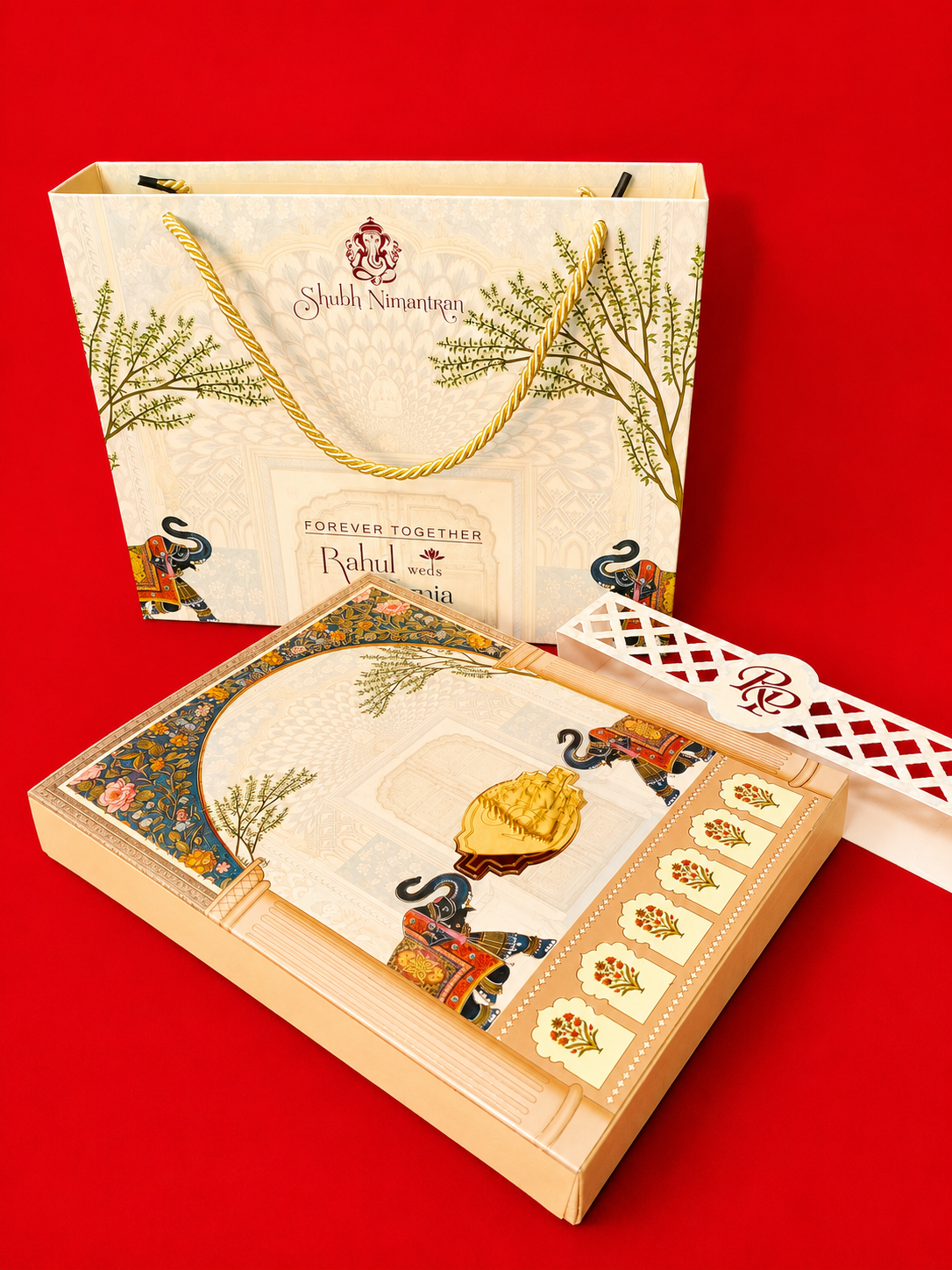 Traditional Cream Indian Wedding Card Box Set with Elephants and Ganesha Motif (B-0514)