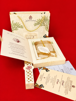 Traditional Cream Indian Wedding Card Box Set with Elephants and Ganesha Motif (B-0514) thumbnail 3
