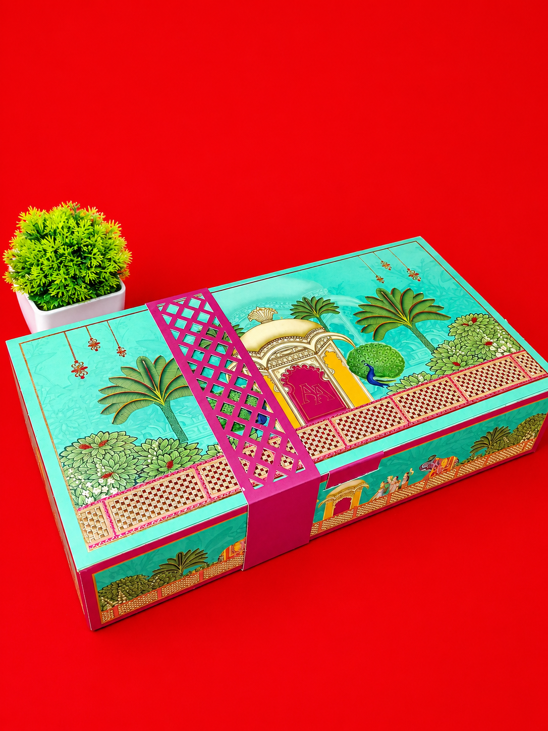 Turquoise Royal Palace Garden Theme Wedding Box with Pink Lattice Sleeve (B-0516)