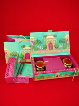 Turquoise Royal Palace Garden Theme Wedding Box with Pink Lattice Sleeve (B-0516) thumbnail 2
