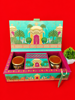 Turquoise Royal Palace Garden Theme Wedding Box with Pink Lattice Sleeve (B-0516) thumbnail 3
