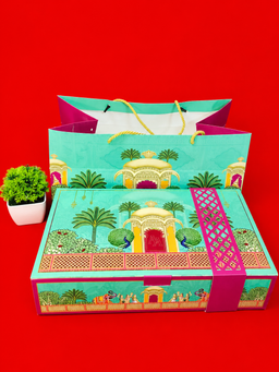 Turquoise Royal Palace Garden Theme Wedding Box with Pink Lattice Sleeve (B-0516) thumbnail 4