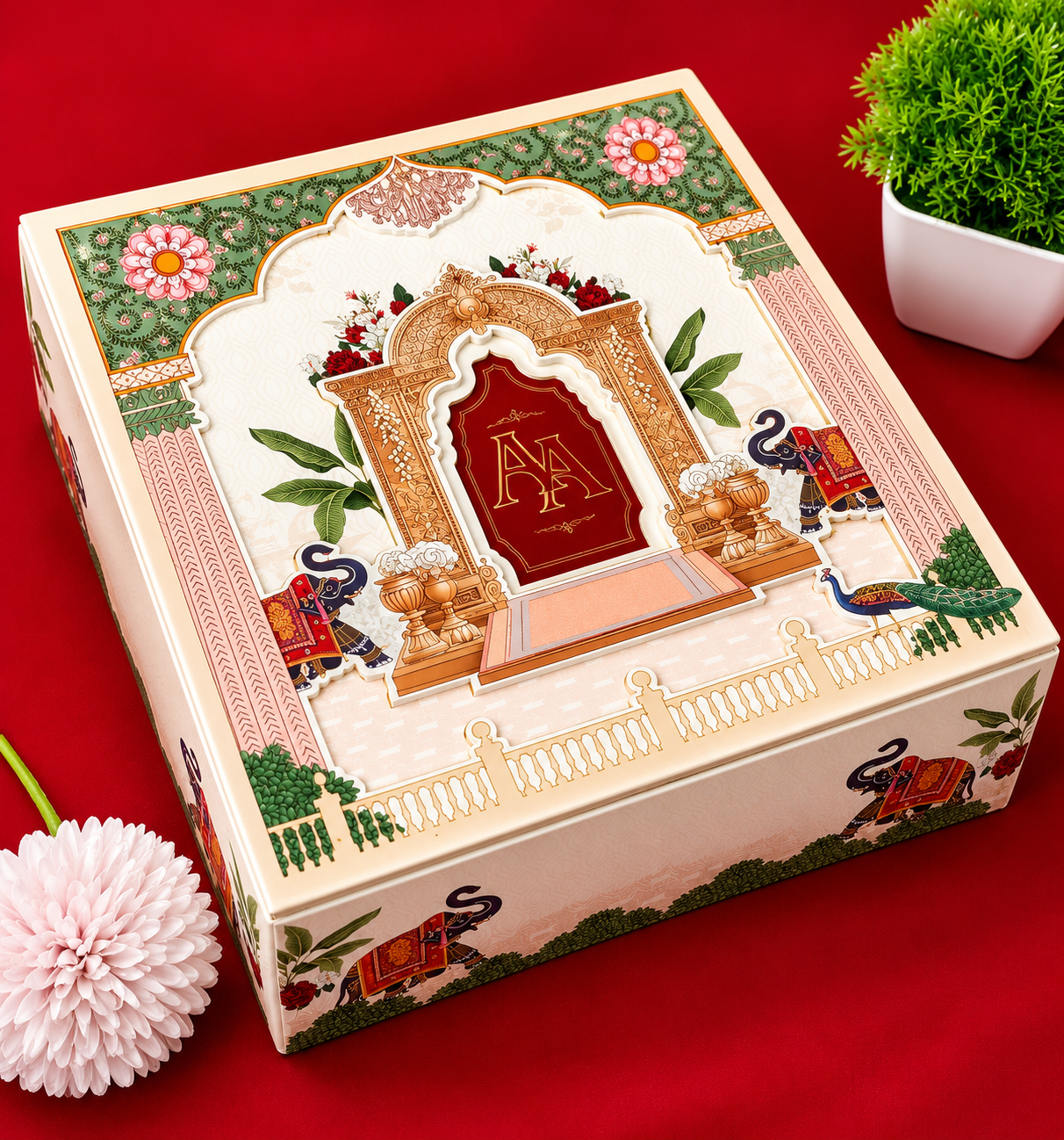 Cream and Red Palace Arch Wedding Box with Elephant and Peacock Motifs (B-0526)