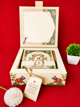 Cream and Red Palace Arch Wedding Box with Elephant and Peacock Motifs (B-0526) thumbnail 2