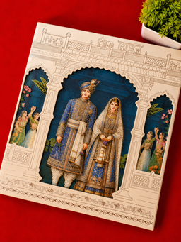 Cream and Royal Blue Traditional Indian Wedding Card with Palace Artwork (B-0527) thumbnail 1