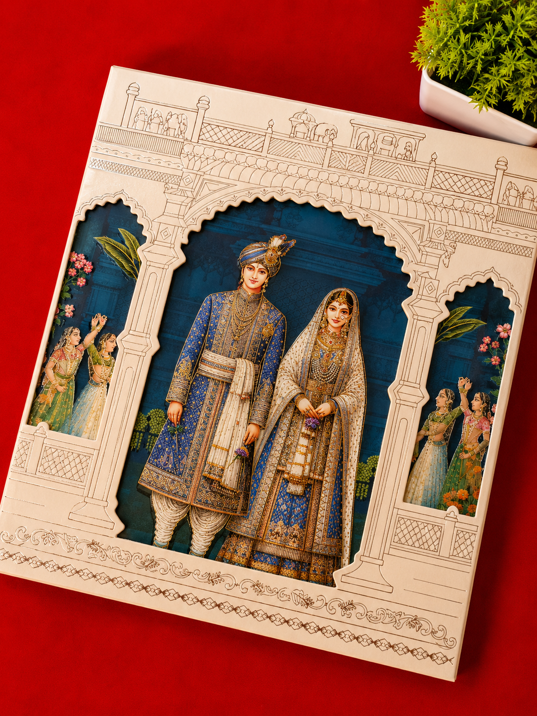 Cream and Royal Blue Traditional Indian Wedding Card with Palace Artwork (B-0527)