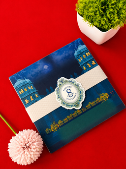 Cream and Royal Blue Traditional Indian Wedding Card with Palace Artwork (B-0527) thumbnail 6