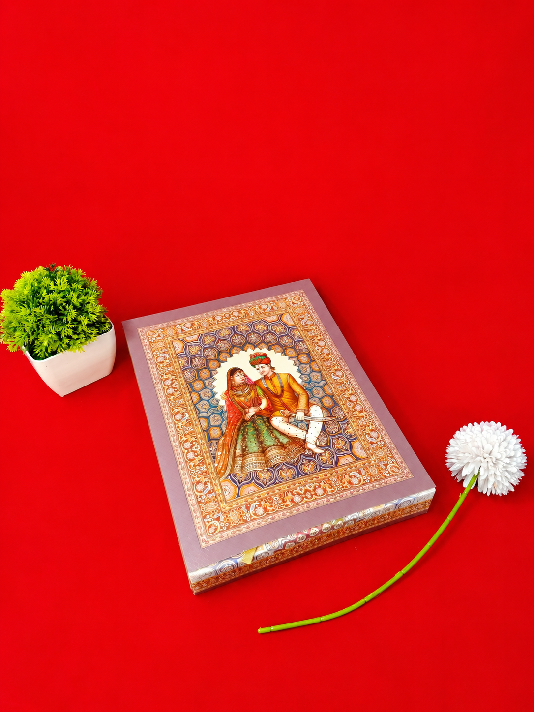 Traditional Indian Royal Couple Illustration Wedding Invitation Box in Purple (B-0537)