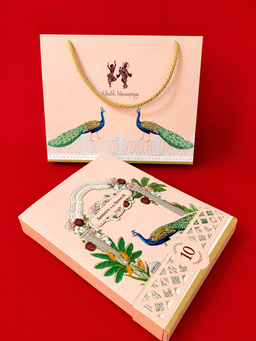 Peach Wedding Invitation Box with Peacock Motifs and Matching Bag (B-0538) thumbnail 1