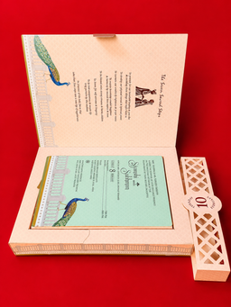 Peach Wedding Invitation Box with Peacock Motifs and Matching Bag (B-0538) thumbnail 2