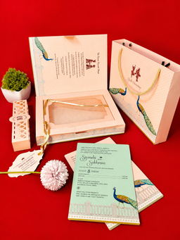 Peach Wedding Invitation Box with Peacock Motifs and Matching Bag (B-0538) thumbnail 4