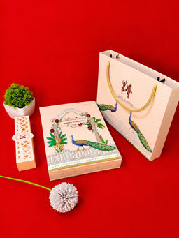 Peach Wedding Invitation Box with Peacock Motifs and Matching Bag (B-0538) thumbnail 5