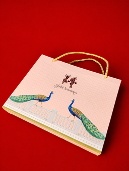 Peach Wedding Invitation Box with Peacock Motifs and Matching Bag (B-0538) thumbnail 6