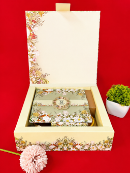 Sage Green Floral Border Wedding Invitation Box with Red Seal Emblem (B-0540) thumbnail 2