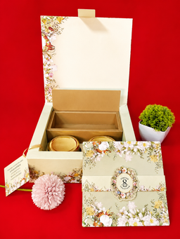 Sage Green Floral Border Wedding Invitation Box with Red Seal Emblem (B-0540) thumbnail 4