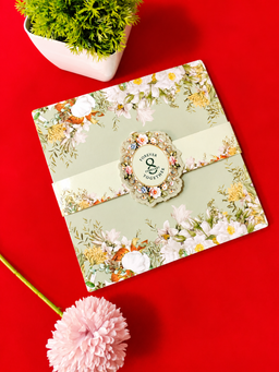 Sage Green Floral Border Wedding Invitation Box with Red Seal Emblem (B-0540) thumbnail 5