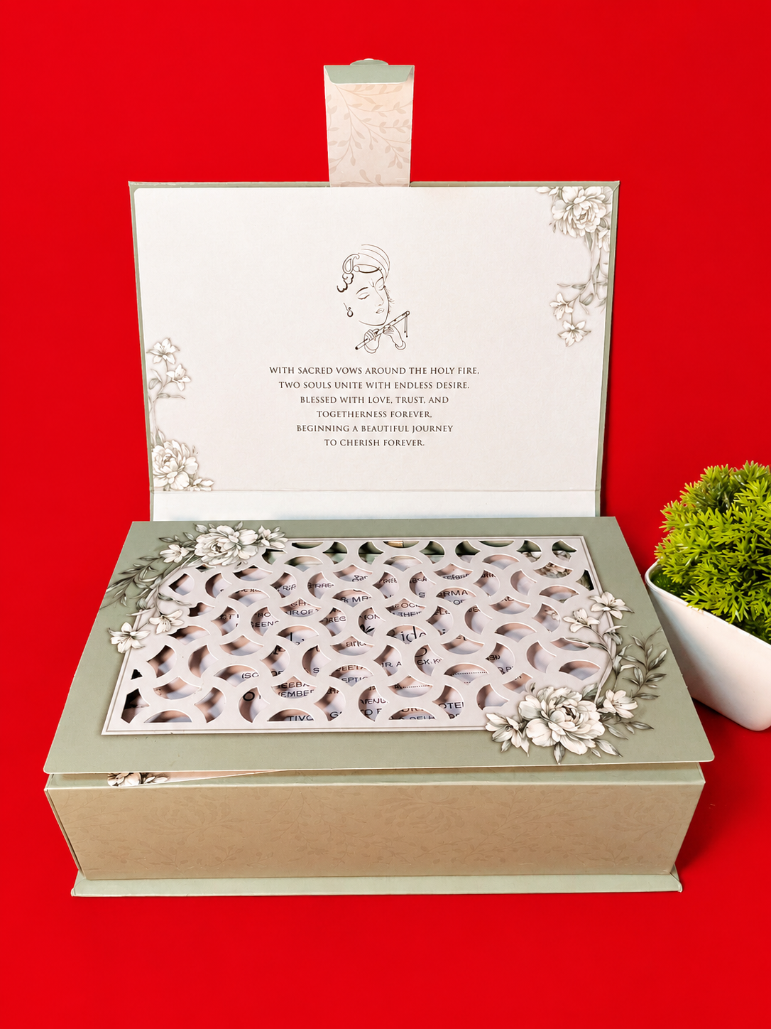 Sage Green Box Wedding Invitation with Krishna Line Art and Floral Lattice Overlay (Nice-001)