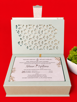 Sage Green Box Wedding Invitation with Krishna Line Art and Floral Lattice Overlay (Nice-001) thumbnail 2